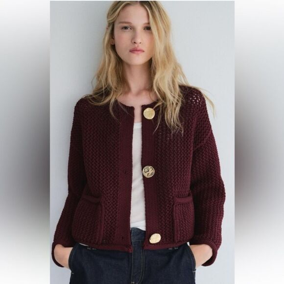 NwtβZara Burgundy Oversized Knit Jacket Cardigam - Picture 9 of 11